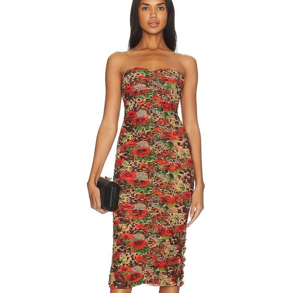 L’Agence red rose / leopard Caprice convertible stretch midi dress - 2 (XS) NWT - Picture 3 of 7